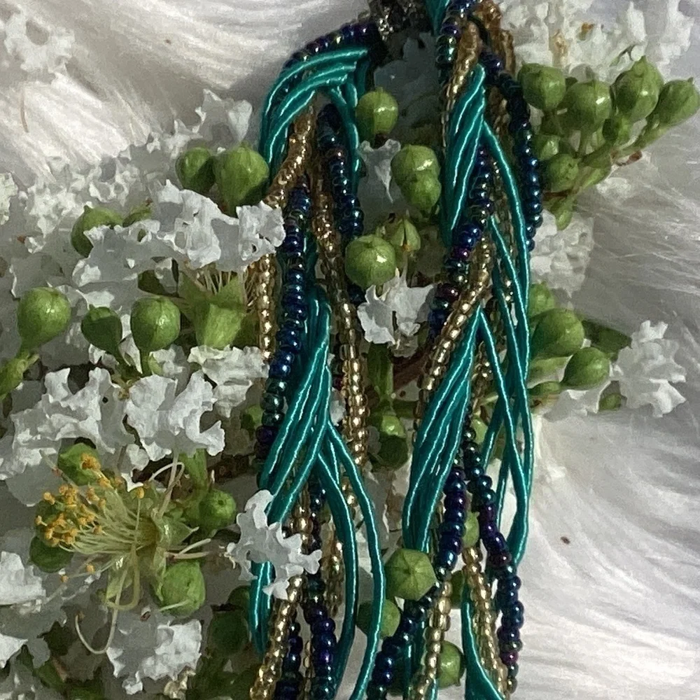 Bohemian Twist Beaded Fabric Blue Rhinestone Orb Pendant Necklace - Picture 6 of 9